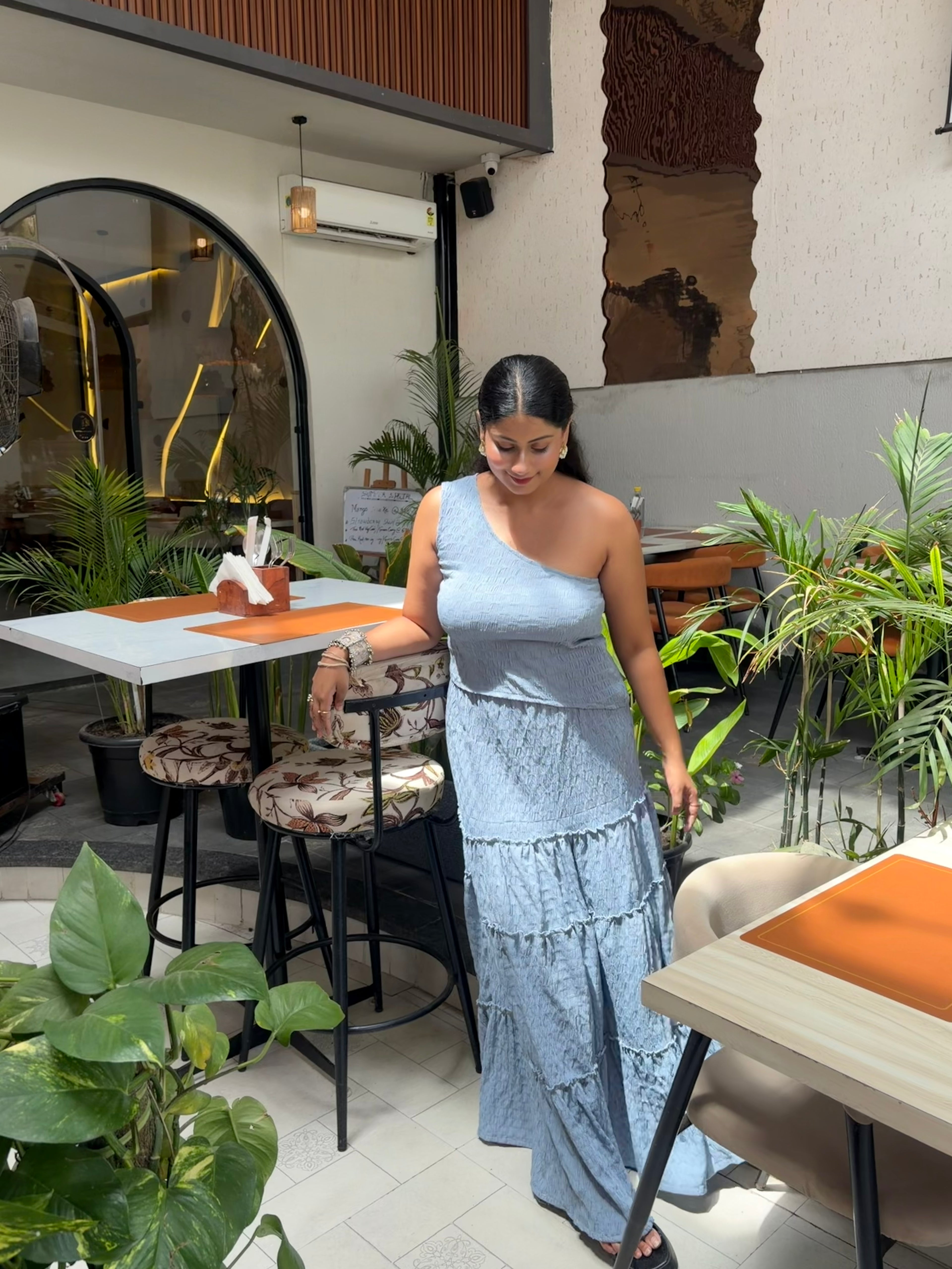 Skye One-Shoulder Crop Top – Blue Grey