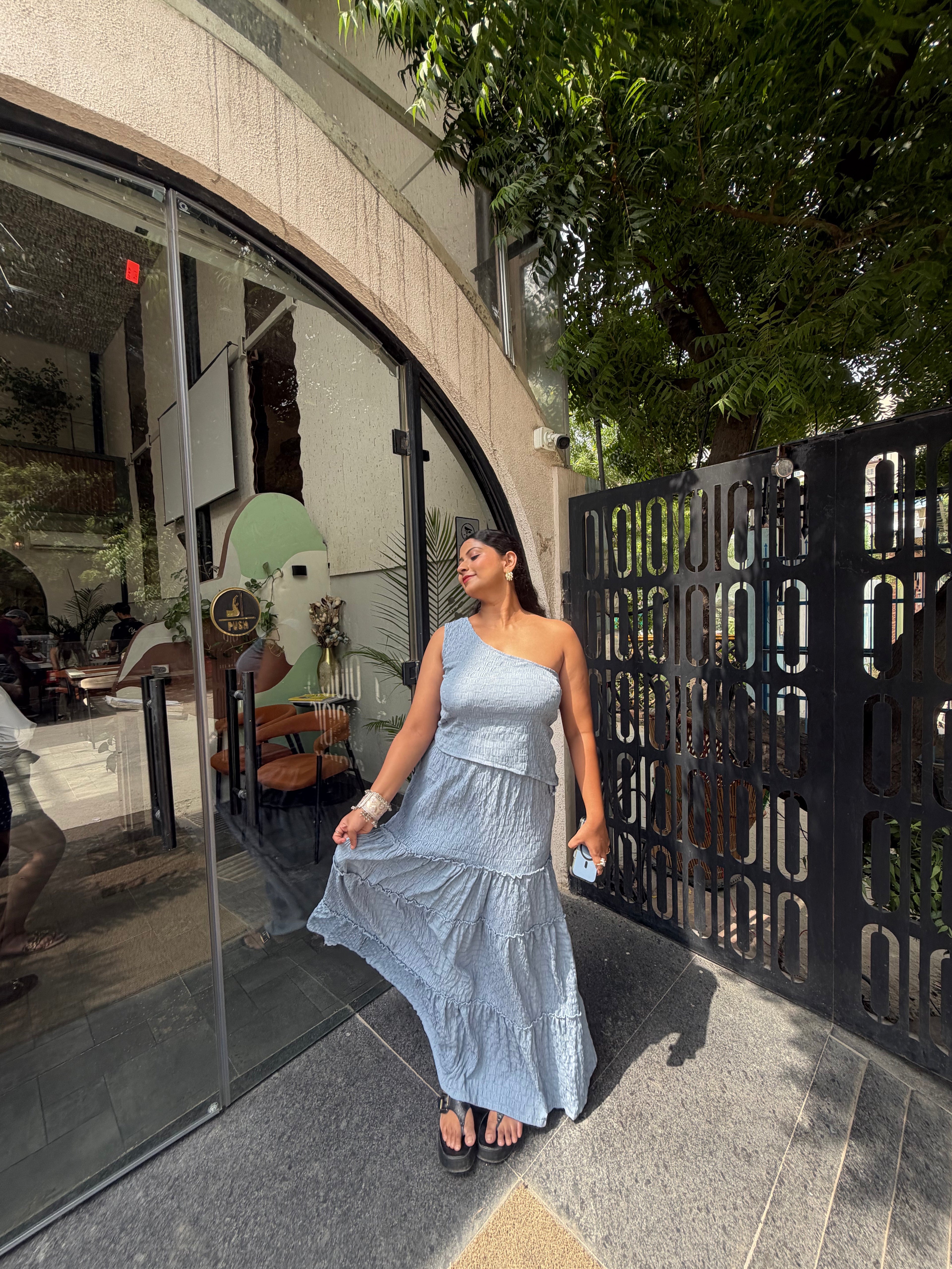 Skye Flared Maxi Skirt – Blue Grey