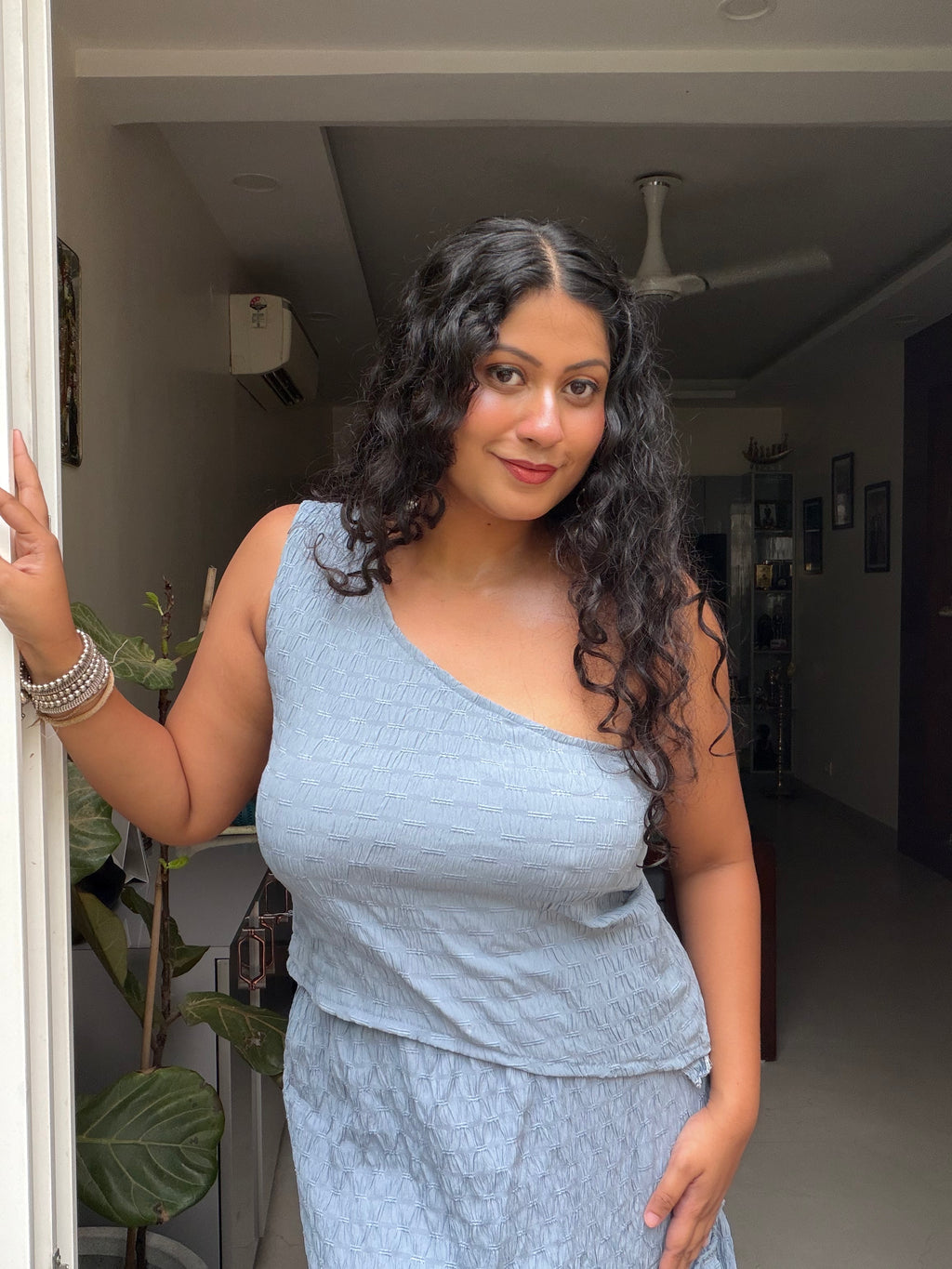 Skye One-Shoulder Crop Top – Blue Grey