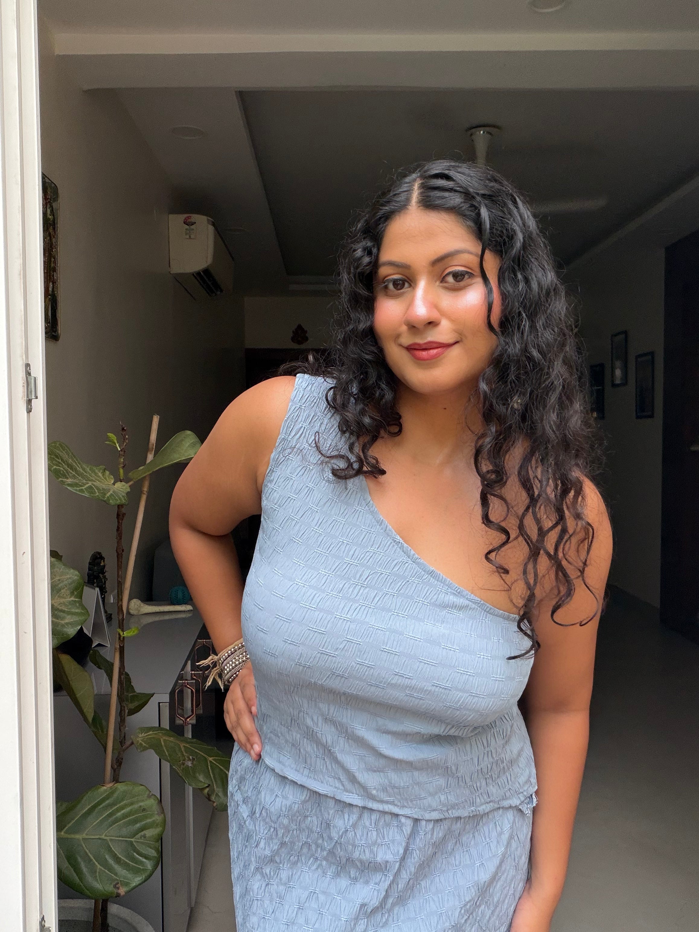 Skye One-Shoulder Crop Top – Blue Grey