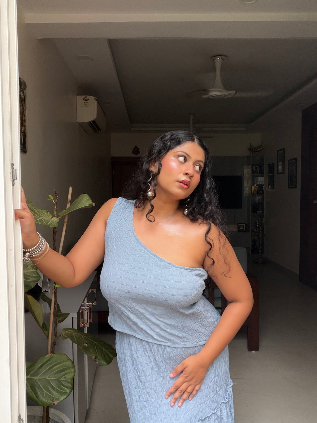 Skye One-Shoulder Crop Top – Blue Grey