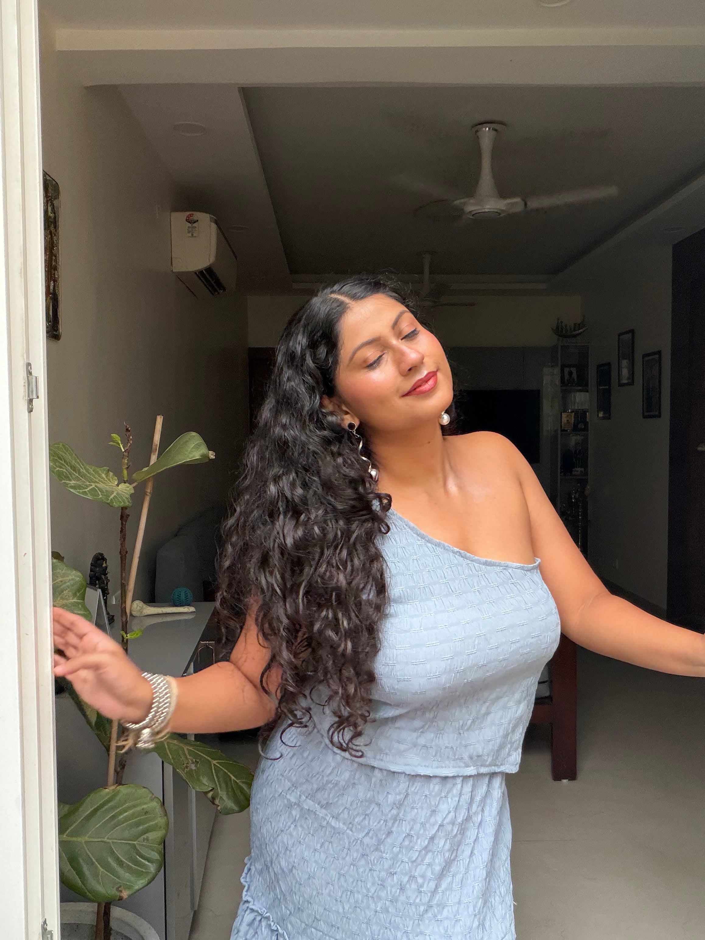 Skye One-Shoulder Crop Top – Blue Grey